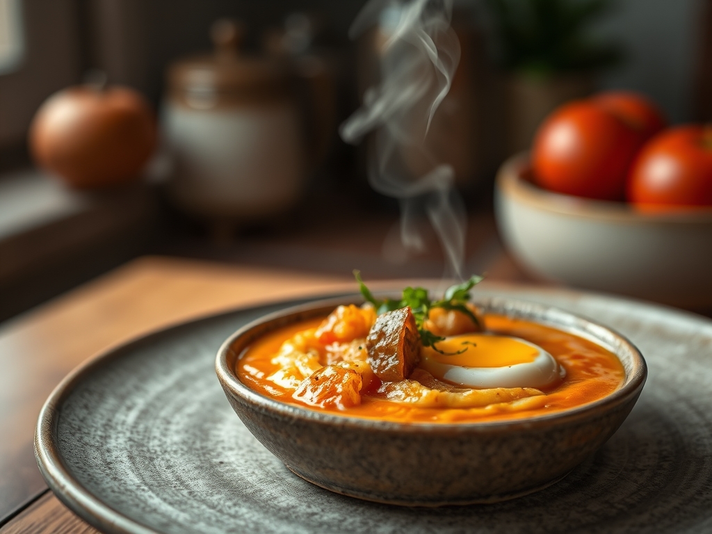 Sopa de pão com tomate e ovo escalfado