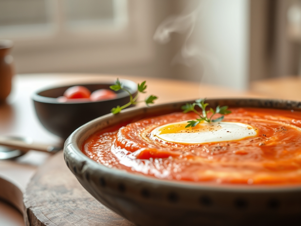 Sopa de tomate com ovo e pão