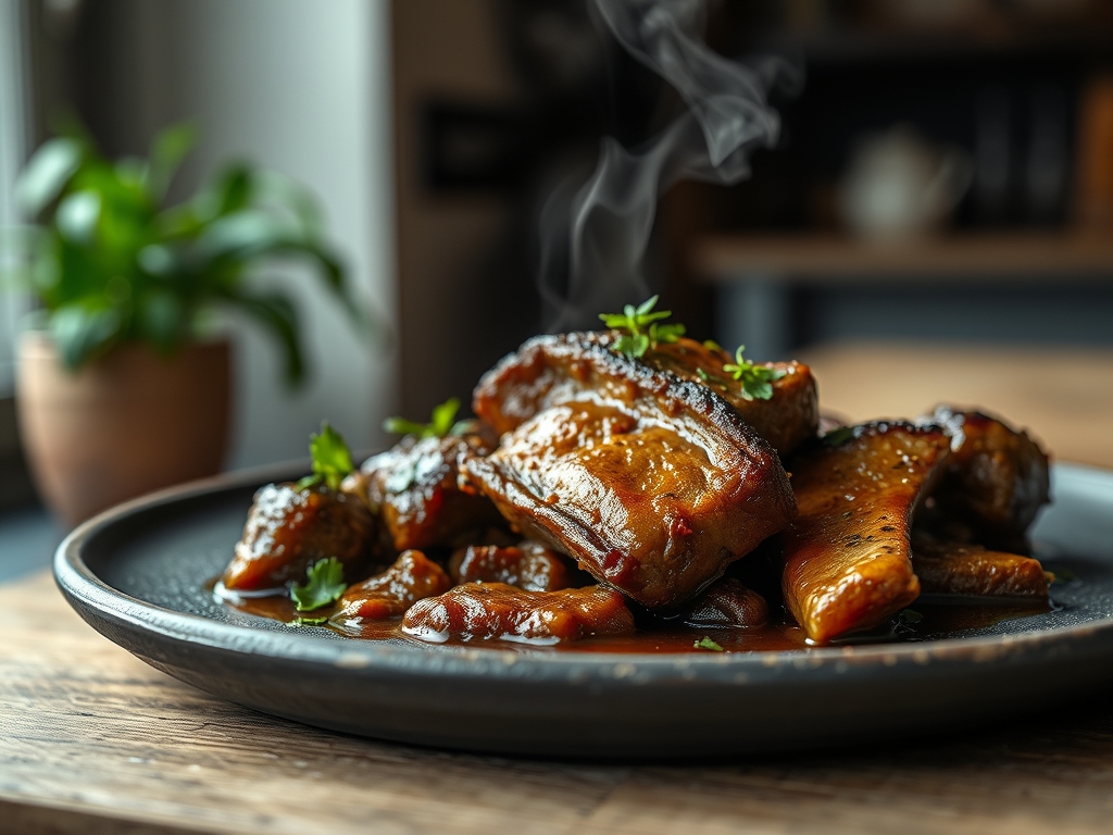 Carne assada em tacho de ferro preto
